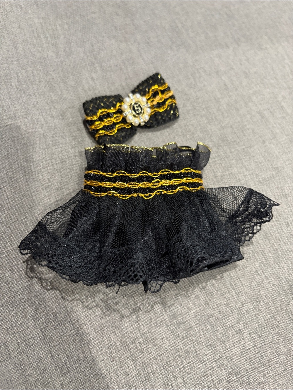 Labubu or Small Doll Black and Gold Lace Bow and Dress Set
